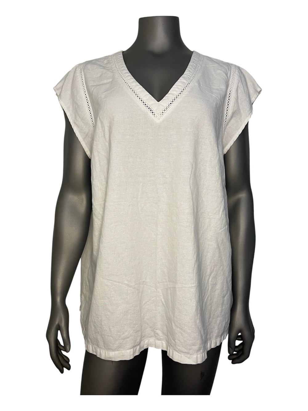 Cynthia Rowley Linen Top Womans 2X White Summer Short Sleeve Viscose Eyelet Trim